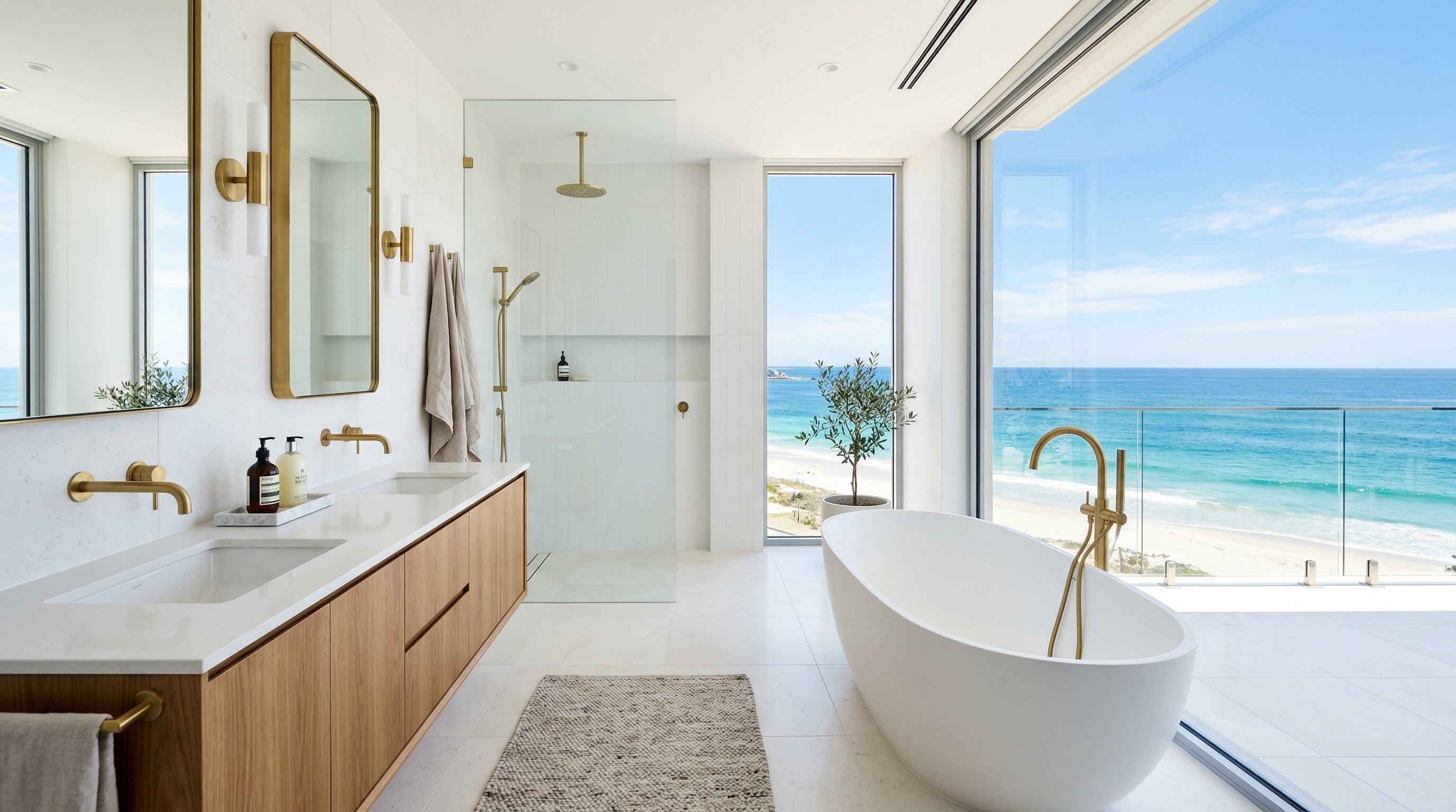 Modern coastal Perth bathroom with freestanding bath and ocean view